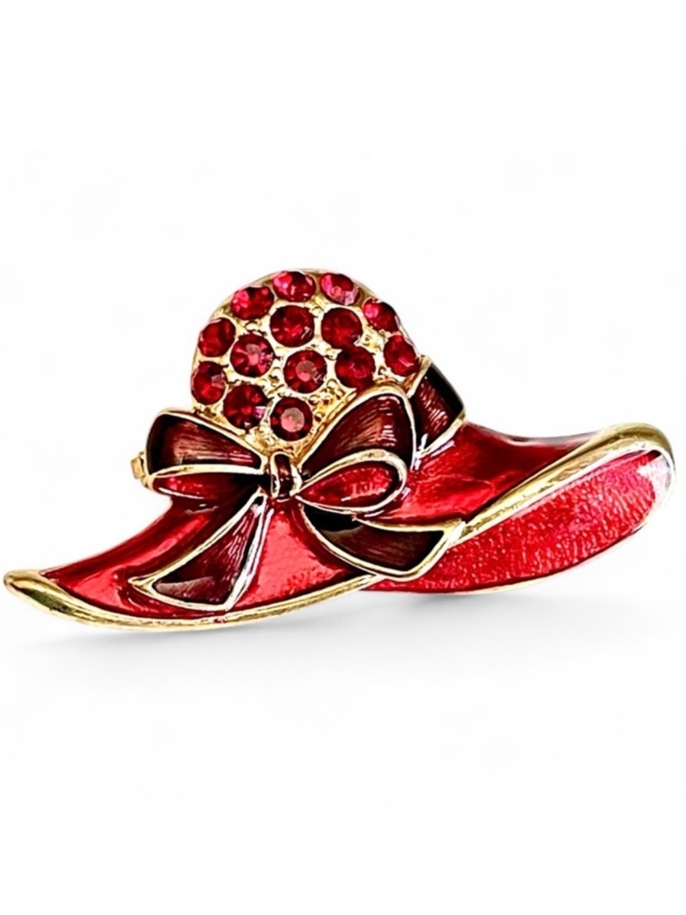 Vintage Red Hat Society Brooch Rhinestone Enamel Gold Hat Pin Fashion Statement